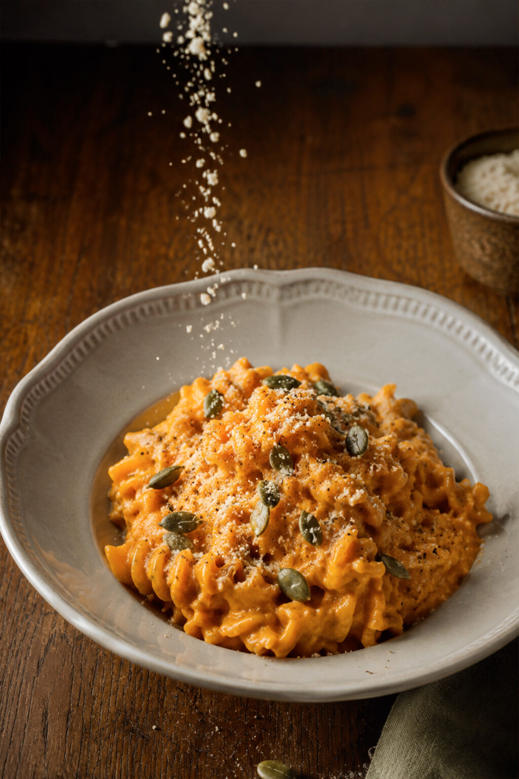 Pasta de lentejas rojas con salsa de calabaza, cebolla, pipas de calabaza tostadas y parmesano de anacardos