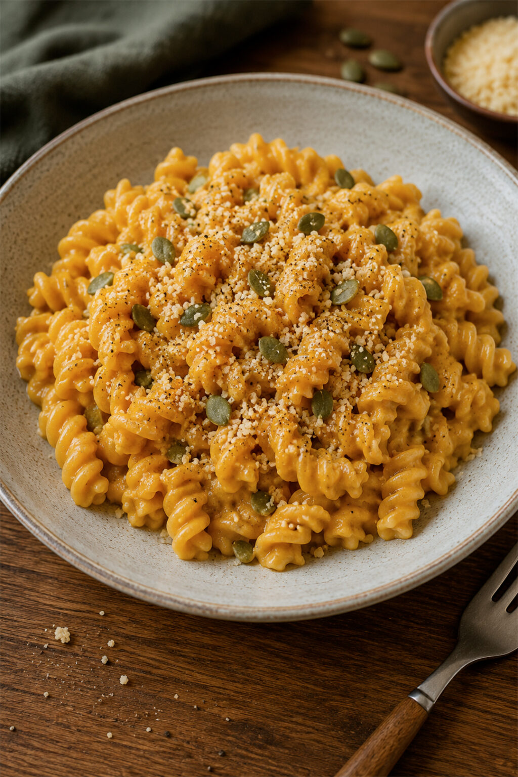 Pasta de lentejas rojas con salsa de calabaza, cebolla, pipas de calabaza tostadas y parmesano de anacardos
