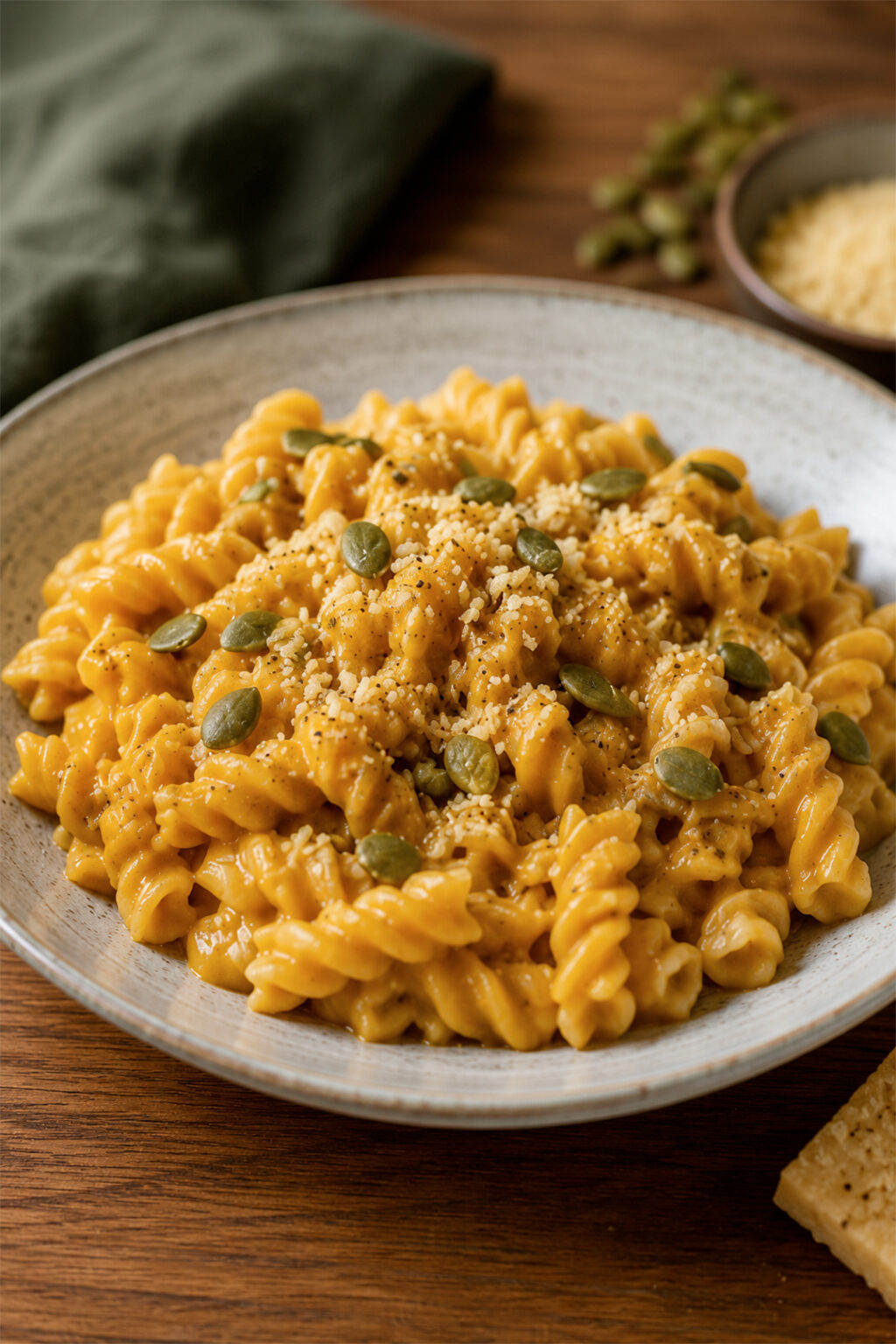 Pasta de lentejas rojas con salsa de calabaza, cebolla, pipas de calabaza tostadas y parmesano de anacardos